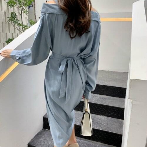 Women Autumn Cross Bandage Long Shirt Dress Slim Waist Sashes Sexy Off the Shoulder Split Hem Midi Dresses