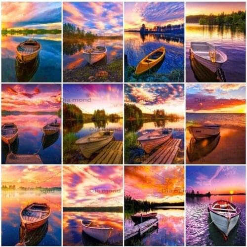 Diamond Embroidery Boat Sunset Mosaic Full Square Diamond Painting Boat Landscape Cross Stitch Rhinestone Handicraft Home Decor