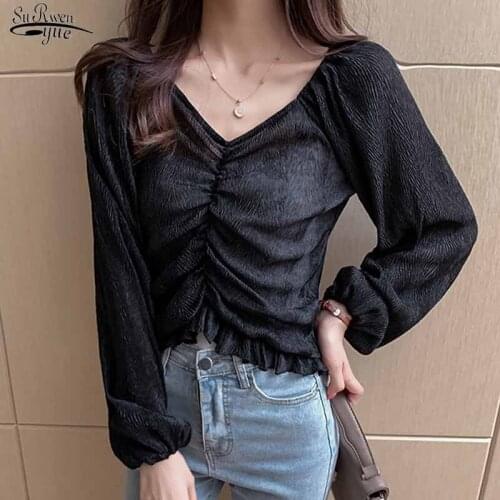 V-neck Folds Ruffled Solid Black Plus Size Long-sleeved Blouses Women Autumn Vintage GentleBottoming Slim Pullover Shirt 11707