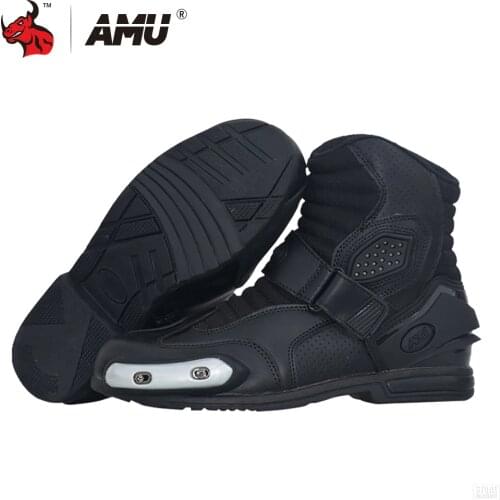 AMU Motorcycle Boots Leather Motocross Boots Men Moto Riding Boots Shoes Motorcycle Protection Breathable Moto Boots Black