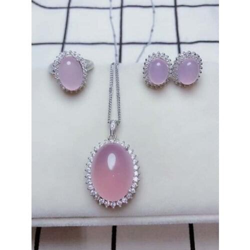 C6#925 silver inlaid natural chalcedony set, the jade face is clean and translucent