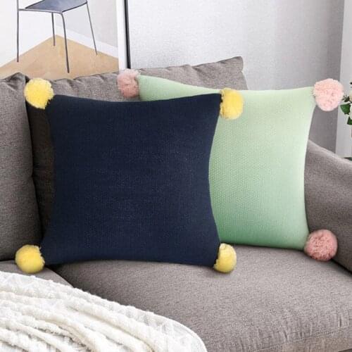 Knitted Cushion Cover Solid Orange Grey Green Nordic Style Pillow Case With Pompom For Sofa Bed Room Home Decorative 45*45cm
