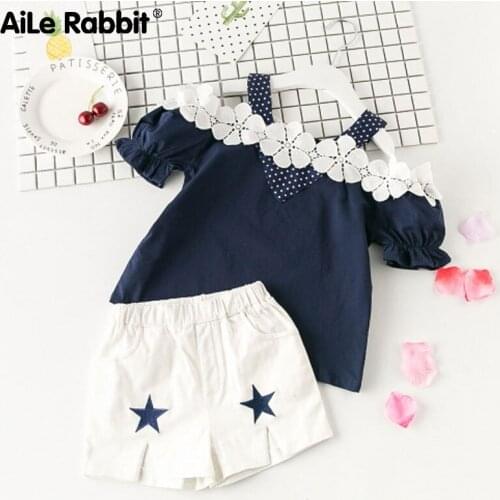 AiLe Rabbit New Summer New Fashion Sweet Solid Color Off-Shoulder T-Shirt Pentagram Shorts Girls Set