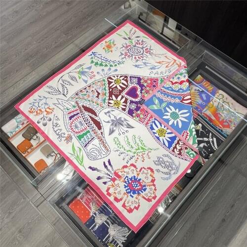 90cm Double Sided Print Hand Rolled Edges 100% Natural Silk Scarf Mosaic Horse Women Square Scarf Shawl Brand Hijab Bandana