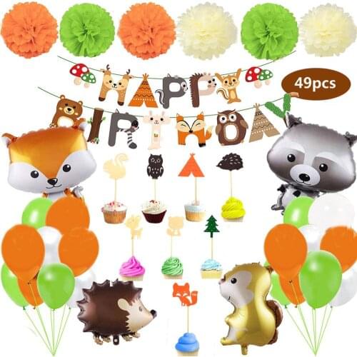 Jungle animal fox wolf squirrel Hedgehog kids birthday party decoration 49pcs Aluminium Foil ballons Pom Pom flowers cupcake topper party décor