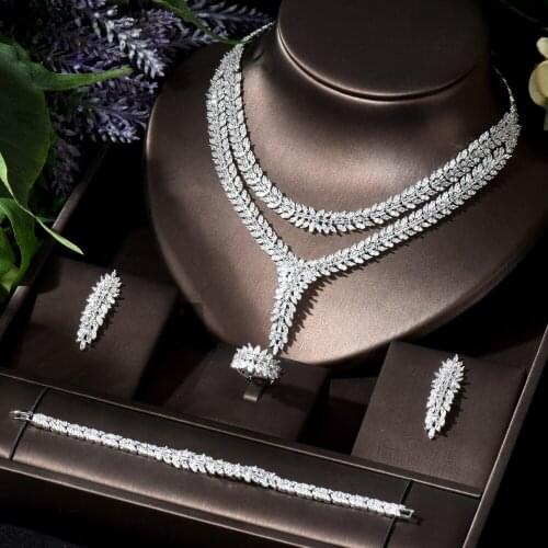HIBRIDE Double Layers 4PCS Luxury Indian Jewelry Set For Women Wedding Party Cubic Zircon Crystal Dubai Bridal Jewelry Set N-830