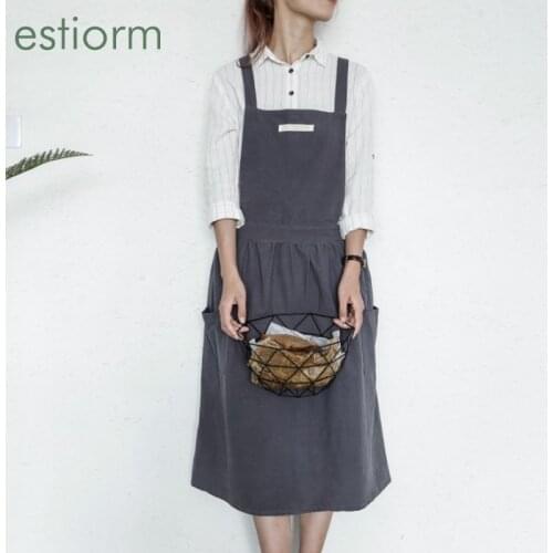 Cotton Linen Japanese Apron, Girls Apron Dress With Pockets, Cute Cooking Apron For Women,Women Chef Sleeveless Kitchen Apron