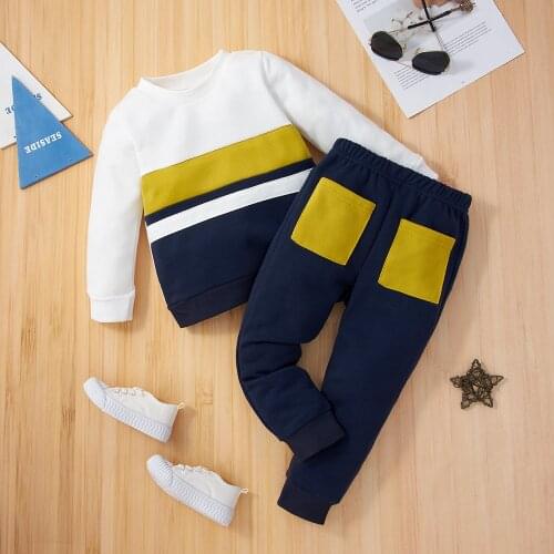 PatPat 2-piece Toddler Boy Colorblock Round-collar Long-sleeve Top and and Elasticized Pants Casual Set