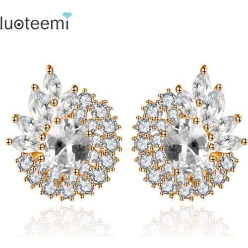 LUOTEEMI Round Cubic Stud Earrings for Women Korean Earrings Bohemian Fashion Jewelry 2021 Crystal Round Stud Earrings Engagemen