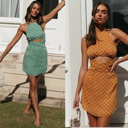 Floral Backless Casual Fashion Summer Womens Dress Sleeveless Halter Dress