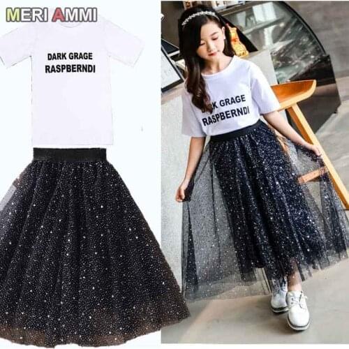MERI AMMI 2 pcs Set Children Girl Clothing Set Short Sleeve Tee +Stars Sky Skirts For 2-13 Year Girl