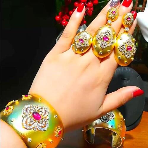 Missvikki Original Design DUBAI Statement Gold Earrings Bangle Ring Jewelry Sets for Women Earrings Bridal Wedding Jewelry Set