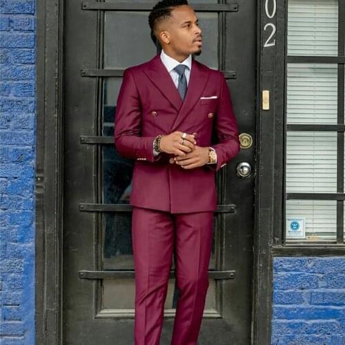 YIWUMENSA Burgundy Groom Wear Men Suits For Wedding 2 Pieces Double Breasted Jacket With Pants Tailored Prom Party Tuxedos 2021