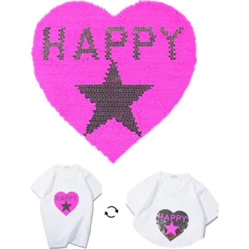Sequins Patch HAPPY Heart Reversible Change Color AB Patches For Clothing Logo Strange Things Stickers Deal With It Tshirt Coat