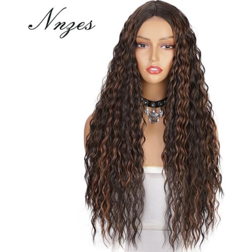 NNZES 24inches Natural Wave Long Middle Part Wig Mixed black and Brown Synthetic Wigs for Black Women Cosplay Hair
