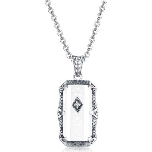Szjinao Silver pendant Necklace For Women Real 925 sterling silver Gemstone Pendants White Agate Rectangle Punk Fashion Jewelry