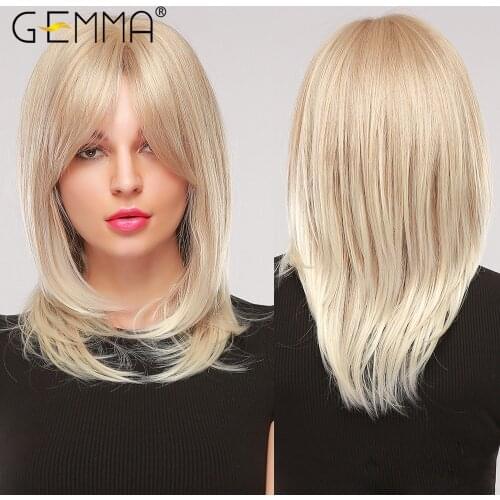 GEMMA Medium Wavy Hair Natural Cosplay Ombre Golden Blonde Layered Synthetic Wig with Side Bangs for Women Heat Resistant Fibre