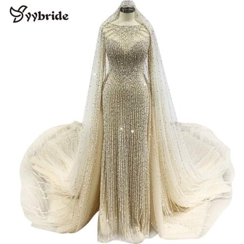 Surmount Luxury Beading Dresses with Long Flare Sleeves Crystals Scalloped Neck Mermaid Skirt with Royal Train Wedding Dresses