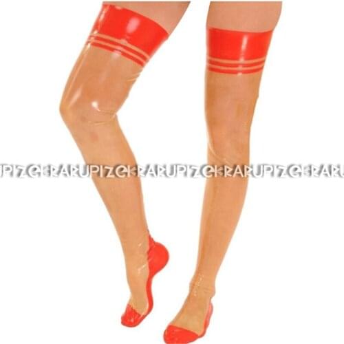 Transparent And Red Trims Sexy Long Latex Stockings Rubber Thigh High Stockings WZ-0056