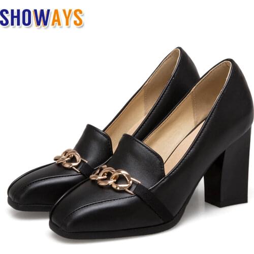 Plus Size Woman Pumps Red Plaid PU High Chunky Heels Square Toe Loafers Casual Office Lady Dress Black Metal Chain Smoking Shoes
