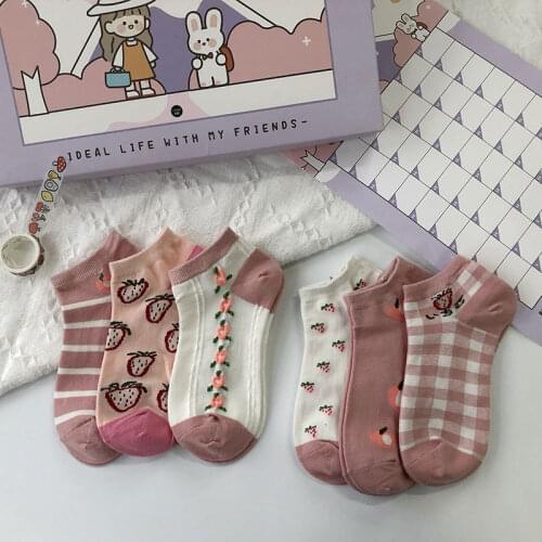 Pink Strawberry Socks Womens Socks Shallow Mouth Spring and Summer Thin Cute Japanese Cotton White Boat Socks Students