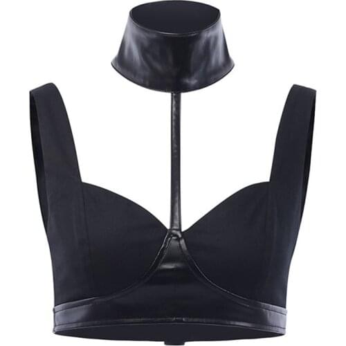 Ruibbit Summer Sexy Club Punk Black Gothic Cool Women Crop Tops Hip Hop PU Slim Backless Hollow Female Tank Tops