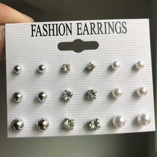 Korean Version of Earrings Pearl Diamond Earrings 9 Pairs of Plate Pearl Earrings set Fashion Women Earrings Jewelry Gift