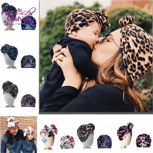 Newborn Infant Leopard Print Donut Hats Cute Bowknot Caps Flower Head Wrap Cotton Turban Baby Girls Headwear Parent-child Suit
