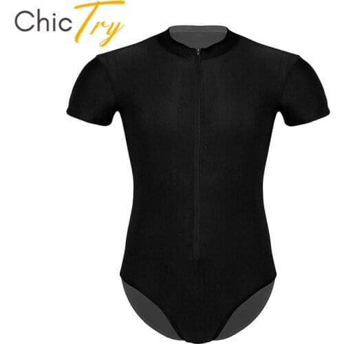 ChicTry Men Short Sleeves Black/Blue Ballet Leotard Front Zipper High Cut Stretchy Gymnastics Leotard Gym Bodysuit Men Dancewear