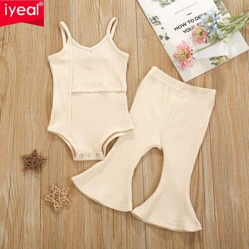 IYEAL Newborn Infant Baby Girl Knitted Clothes Ruffled Vest Tops Bodysuits bell-bottom Pants 2Pcs Ribbed Outfit Set