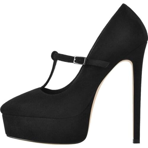 Richealnana Womens Platform Mary Jane T-Strap Stilettos Pumps Thin High Heels Black Flock Buckle Dress Shoes Big Size EU35-46