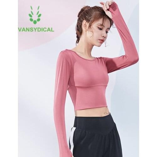Vansydical Sports Workout Cropped Tops Women Gym Yoga Shirts Long Sleeve Slim Quick Dry Fitness Training Running T-shirts