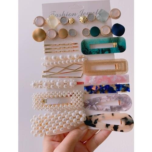 20Pcs/Set Pearl Acrylic Bow Hair Clips Geometric Multicolor Wild Hair Pins For Women Europe And America Simple Popular Hair Acce