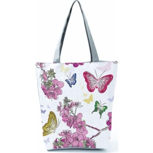 Butterfly Printed Handbag Cartoon High Capacity Shopping Bag Floral Women Eco Reusable Shoulder Bag Casual Tote Custom Pattern