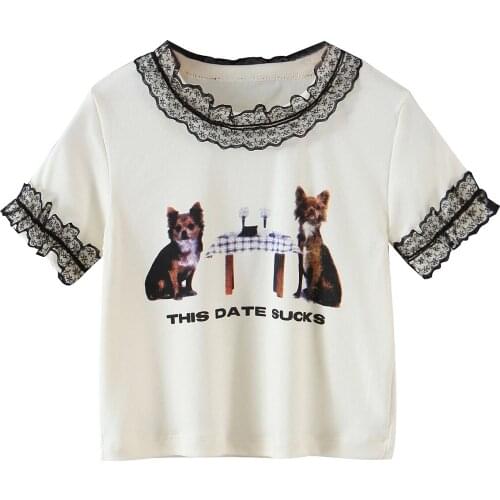 Women T-shirts 2021 Fashion Za Carton Dog Print Elastic Short T-Shirts Sheath Sweet Cute Mujer Tops