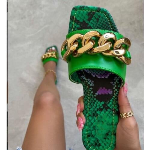 Womens Summer Sandals Slippers Metal Decorative Square Head Flat Heel Outdoor Beach Comfortable Leopard Slides Female Plus Size