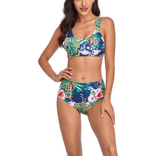 Newest arrival Womens Sexy Flower Printing Bikini Sleeveless Tank Tops Briefs Swimsuit Classic Bare Midriff Two-pieces Set