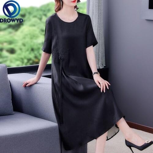 Women Vintage Black Mulberry Silk Dresses Summer Solid O-neck Short Sleeve Embroidery Midi Dress Elegant Bodycon Party Vestidos