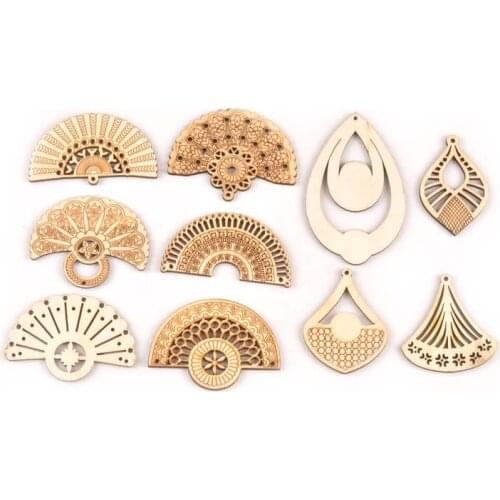 10pcs Unfinished Wooden Crafts DIY Embellishment Fan Drop Pentant Sector Wood Handicraft Earring Hanging Charms Home Decor M1998