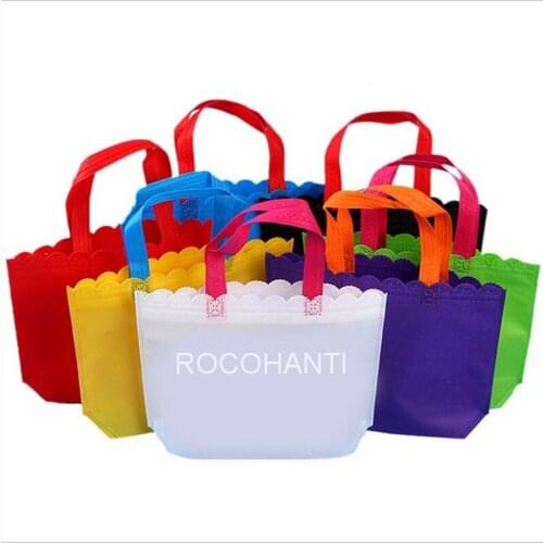 50X New Design Promotional Non Woven Bag Shopping Gift Bags Custom Logo Printed Non-Woven Bag with Colored Handle Flower Rim