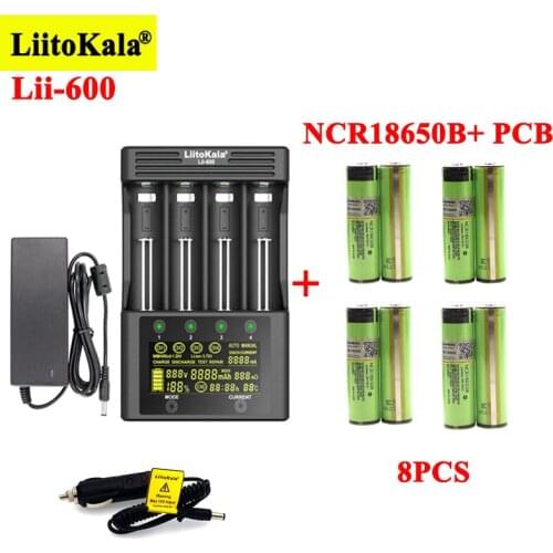 8pcs LiitoKala NCR18650B 3400mAh Rechargeable batteries with Lii-600 Battery Charger for 3.7V Li-ion 18650 21700 26650 1.2V NiMH