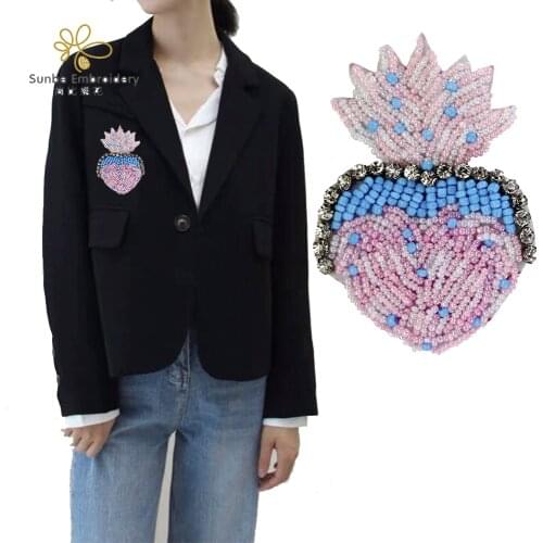 Beading Crown Heart Patches Pink Badges Emblems for Women Clothing Decorative Sew on 5 pieces