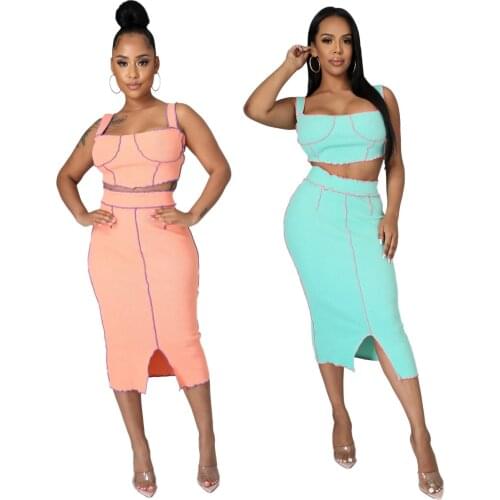 FNOCE Cross-border Foreign Trade New Style Solid Color Casual Fashion Suspender Jacket Skirt Split Two-piece Suit Women