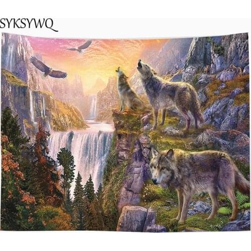 Forest wolf tapestry mountain waterfall wall carpet hot sale wall blanket polyester fabric animal tapestry