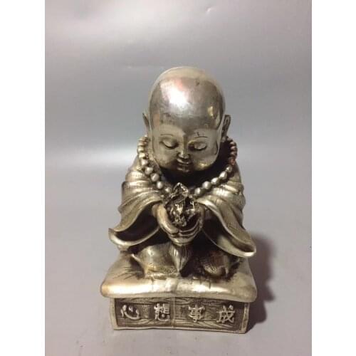 Chinese White Bronze Sculpture Small Monk Pray Blessing Happiness And Peace Small Shami Buddha Statue Home Decoration Gift