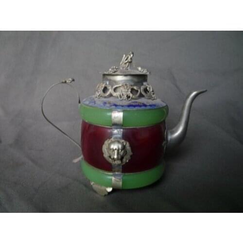 Collection Old Qing Dynasty silver&Jade teapot\flagon,with mark,best collection&adornment,Free shipping