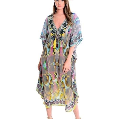 Robe De Plage Swimwear 2019 Swimsuit Womens Dresses Dress Beach Cover Up Wear Bikini New Neck Printed Chiffon Colorful Praia