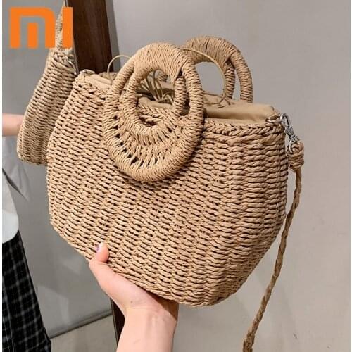 Summer Handmade Bags for Women Beach Weaving Ladies Straw Bag Wrapped Beach Bag Moon shaped Top Handle Handbags Totes