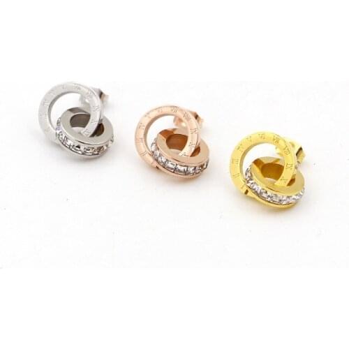 Fashion Love Round Roman Numerals Double Circle Stud Earrings Rose Gold Color Stainless Steel Women Party Gift