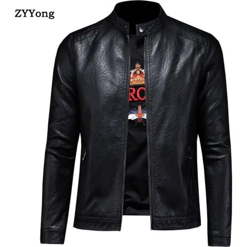 2020 Autumn Leather Jacket Men New Fashion Large Size Stand Collar Zipper Long Sleeve Jackets Bomber Black Coat Chaqueta Hombre